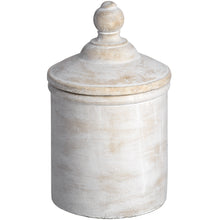 Load image into Gallery viewer, Antique White Large Stone Effect Canister, the perfect hideaway for all your bits and bobs or use as a decorative display piece. With a neutral tone this piece looks fantastic with dark backdrops or paired with metallics for a crisp contrast. We love this canister placed on our shelves to add interest and create intrigue - I wonder what is inside? Well, if it's ours it is probably a few lost buttons and a few coins. Don't judge! It looks so good