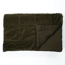 Load image into Gallery viewer, When you want to transform your bedroom into a luxury retreat we have it covered with the beautiful Olive Green Throw by Raine & Humble. It is super thick and the colour is striking in the velvet material. Features a square quilted effect with a cotton trim.